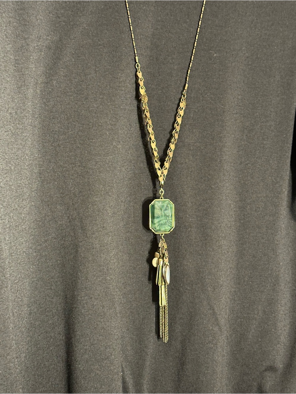Bronze-Tone Necklace with Green Stone Pendant and Tassel
